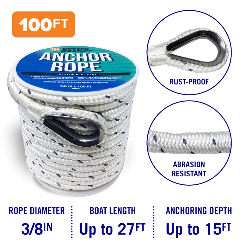Better Boat Premium Anchor Rope, 100 Ft Double Braided White Nylon Marine Line, Reflective 3/8 Inch Reel for Anchors and Boats - White - Image 3